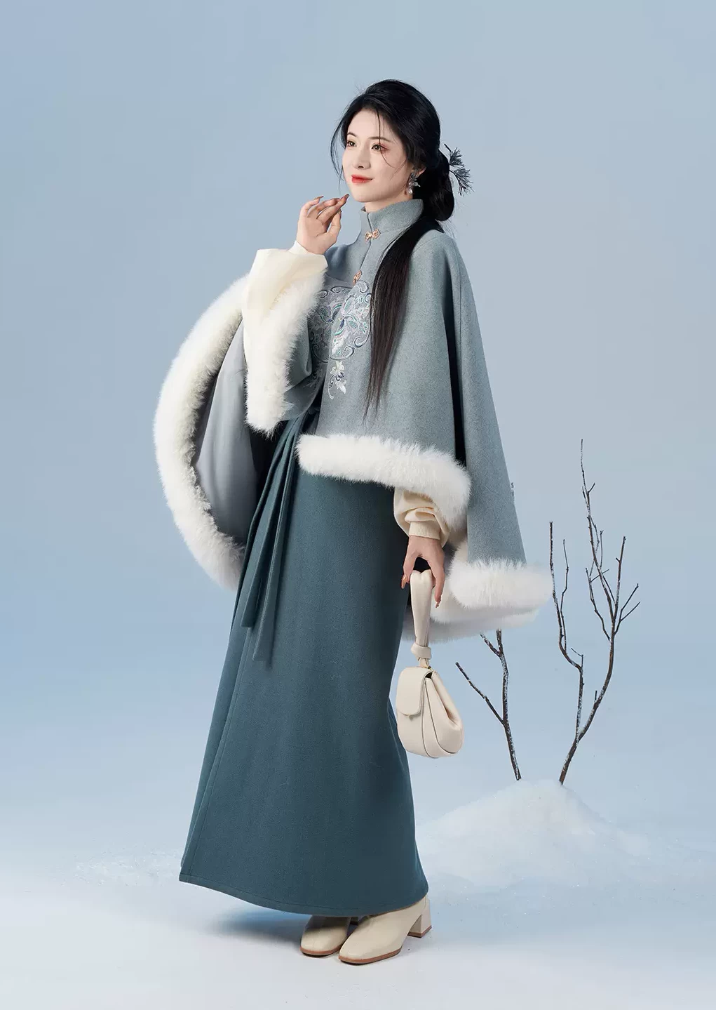 Women Modern 2-Piece Daily Hanfu Cape & Skirt Set, Snow White | HANFUBAO