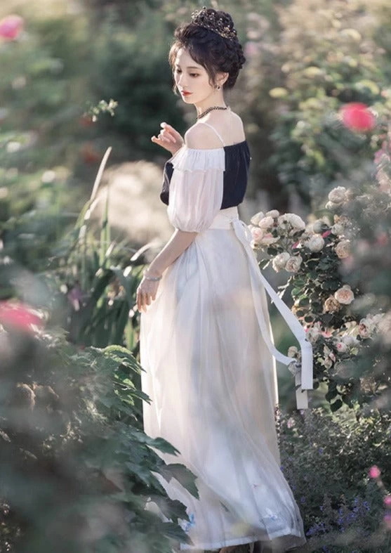 Women's Daily Hanfu Chiffon Puff Sleeve Top+Skirt Floral Rabbit Embroidery| HANFUBAO