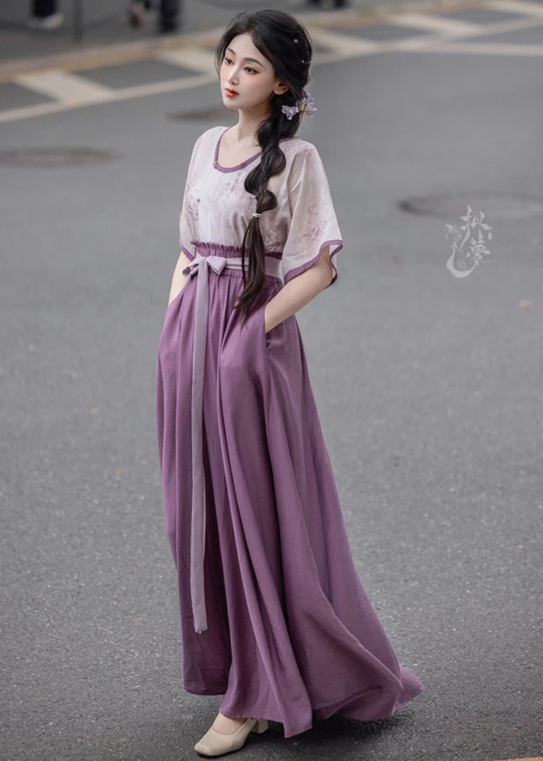 Women Viscose-Nylon Modern Hanfu 2-Piece Set Purple Wisteria | HANFUBAO
