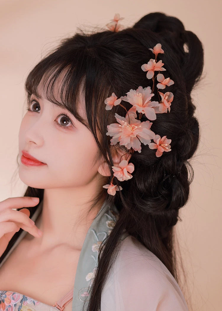 Women’s 2-Piece Apricot Blossom Yarn Flower Hanfu Hair Clips | HANFUBAO