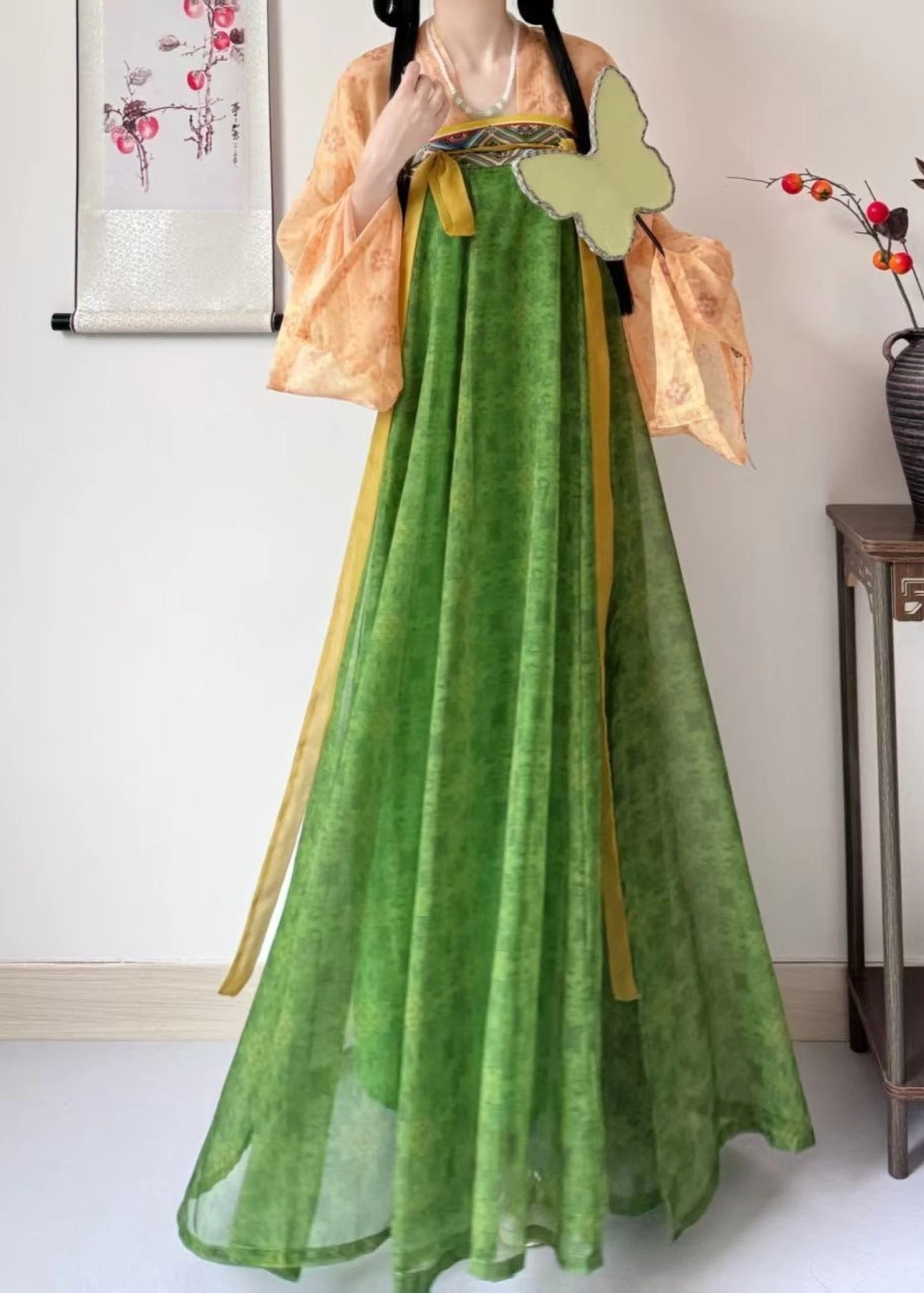 Women’s Plus Size Chiffon Modern Hanfu 3-Piece Set Beige Floral | HANFUBAO