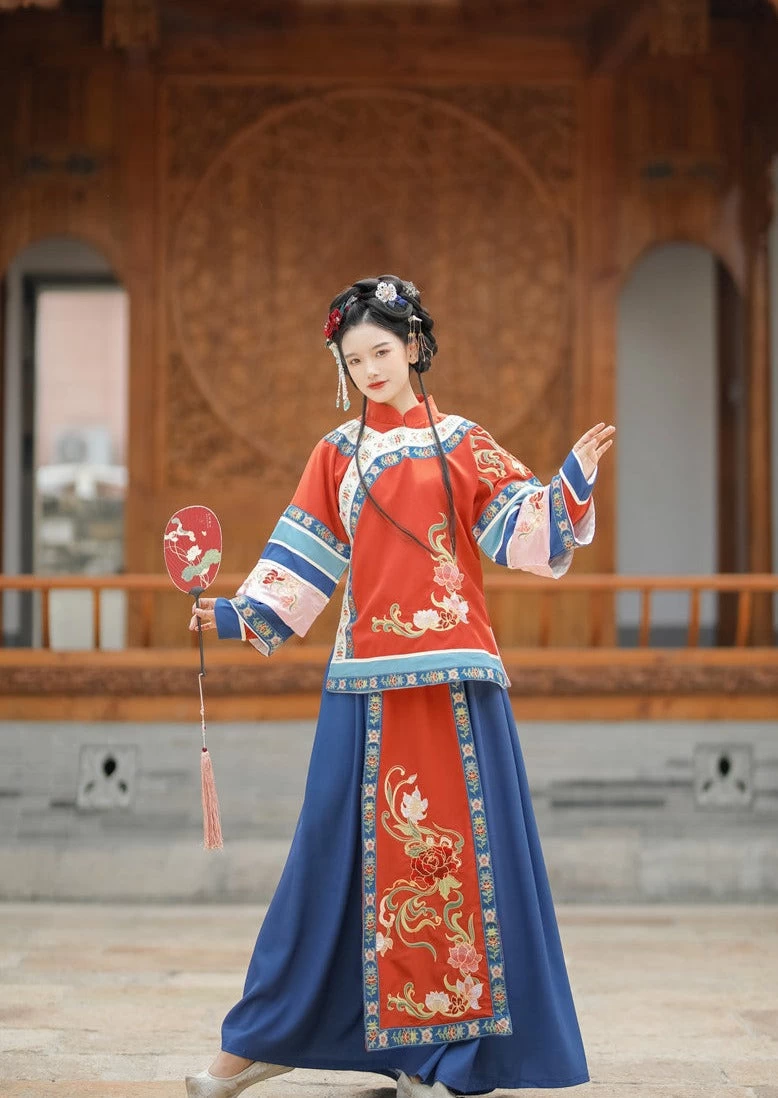 Women Modern Qing Hanfu Cotton Set Blue Embroidered Plus Size | HANFUBAO