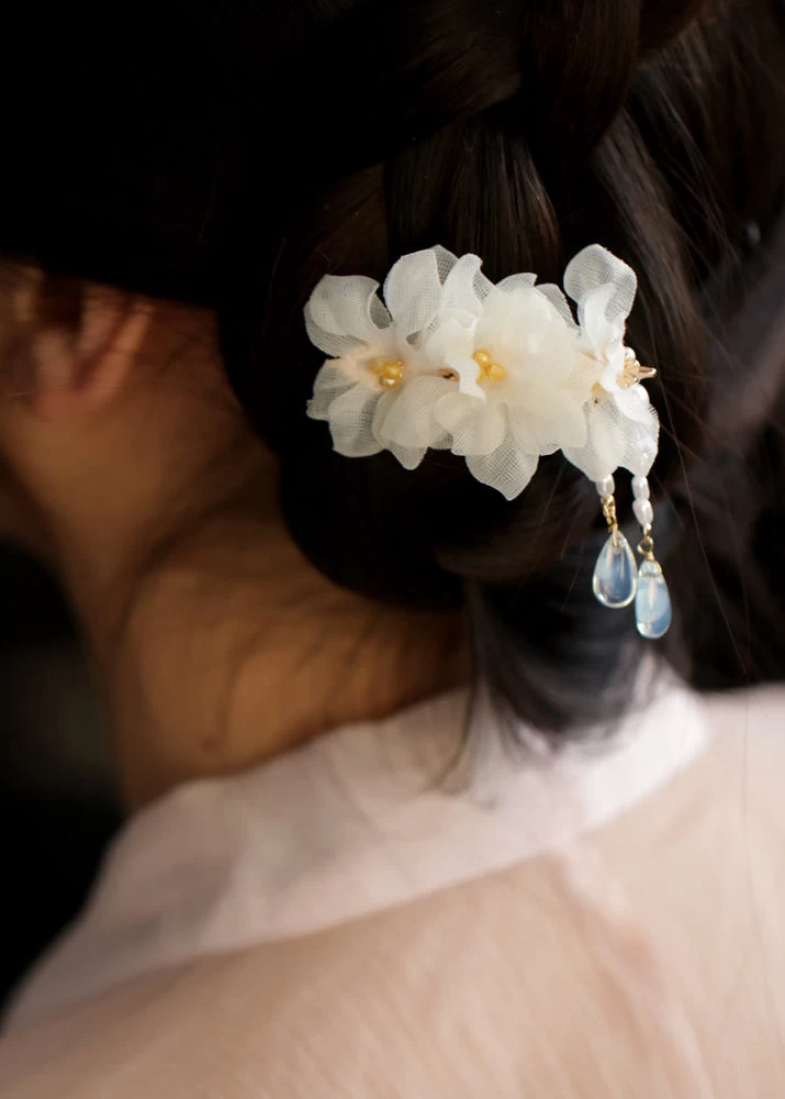 Ivory Yarn Gardenia Flower Hair Clip for Hanfu, 9cm| HANFUBAO