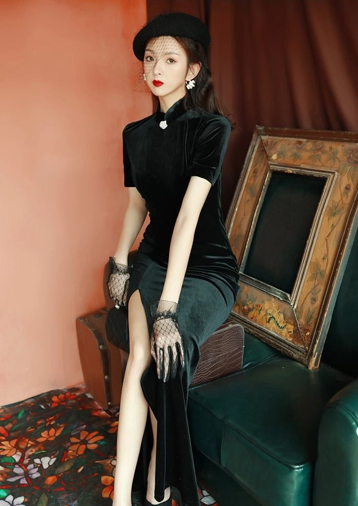 Women Velvet Qipao Dress Black High Slit Evening Party| HANFUBAO