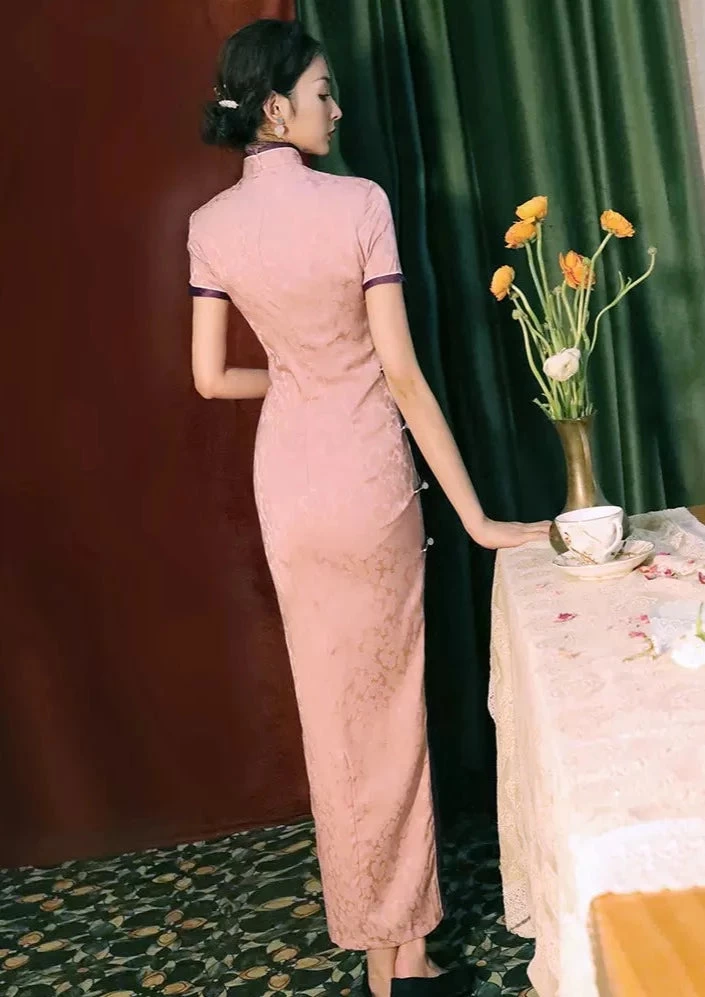 Women Acetate Satin Modern Hanfu Qipao Dress Pink Floral | HANFUBAO