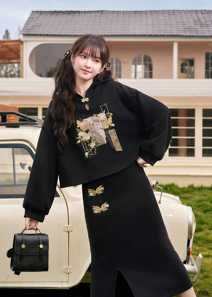 Women’s 2-Piece Modern Daily Hanfu Hoodie Set Jasmine Scroll Print| HANFUBAO