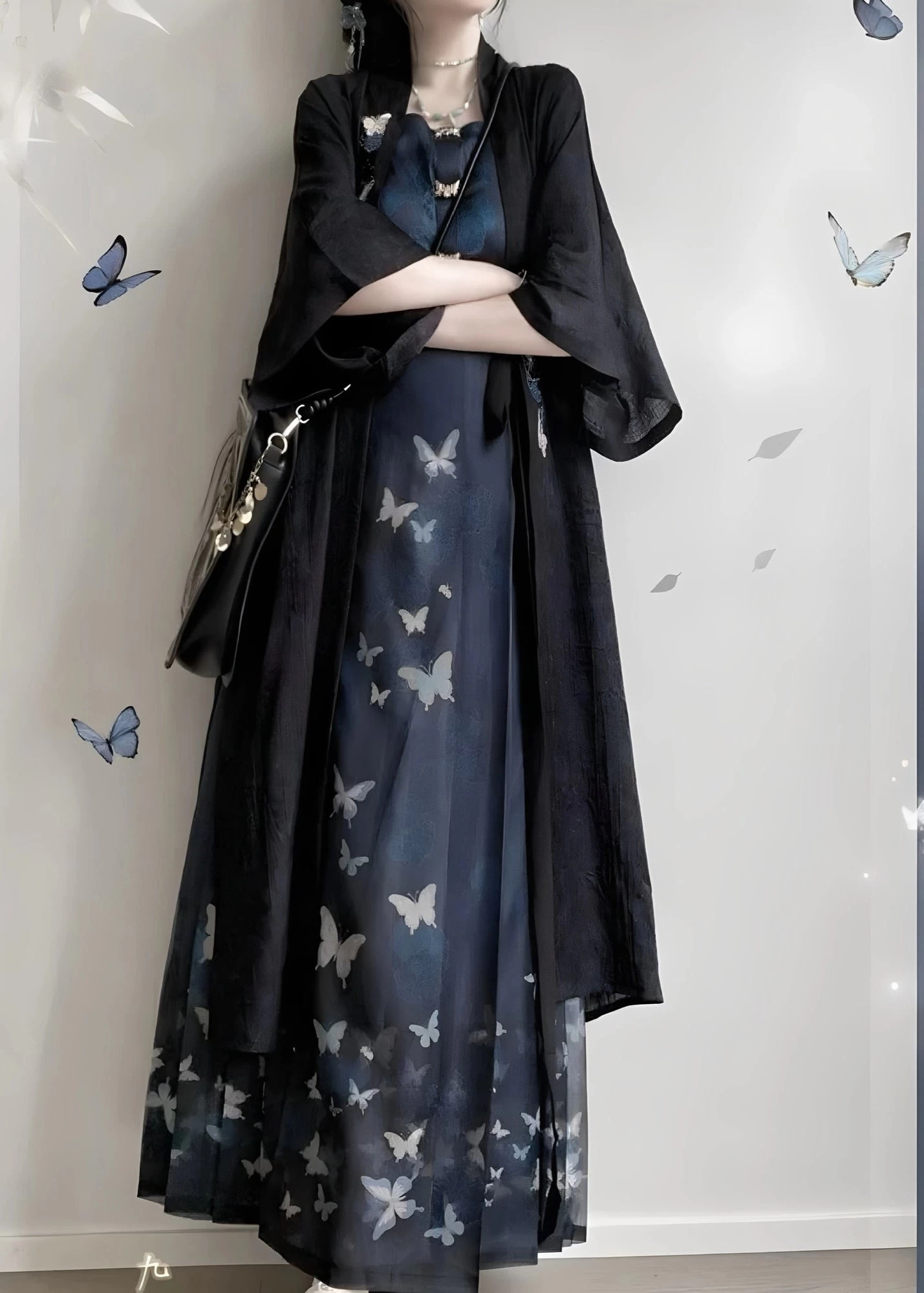 Women Plus Size Chiffon 3-Piece Daily Hanfu Set Butterfly Print | HANFUBAO
