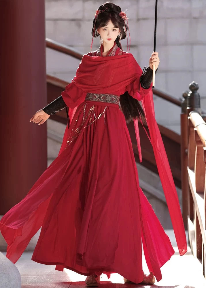 Unisex Modern Daily Hanfu 5-Piece Set Red Dust  | HANFUBAO