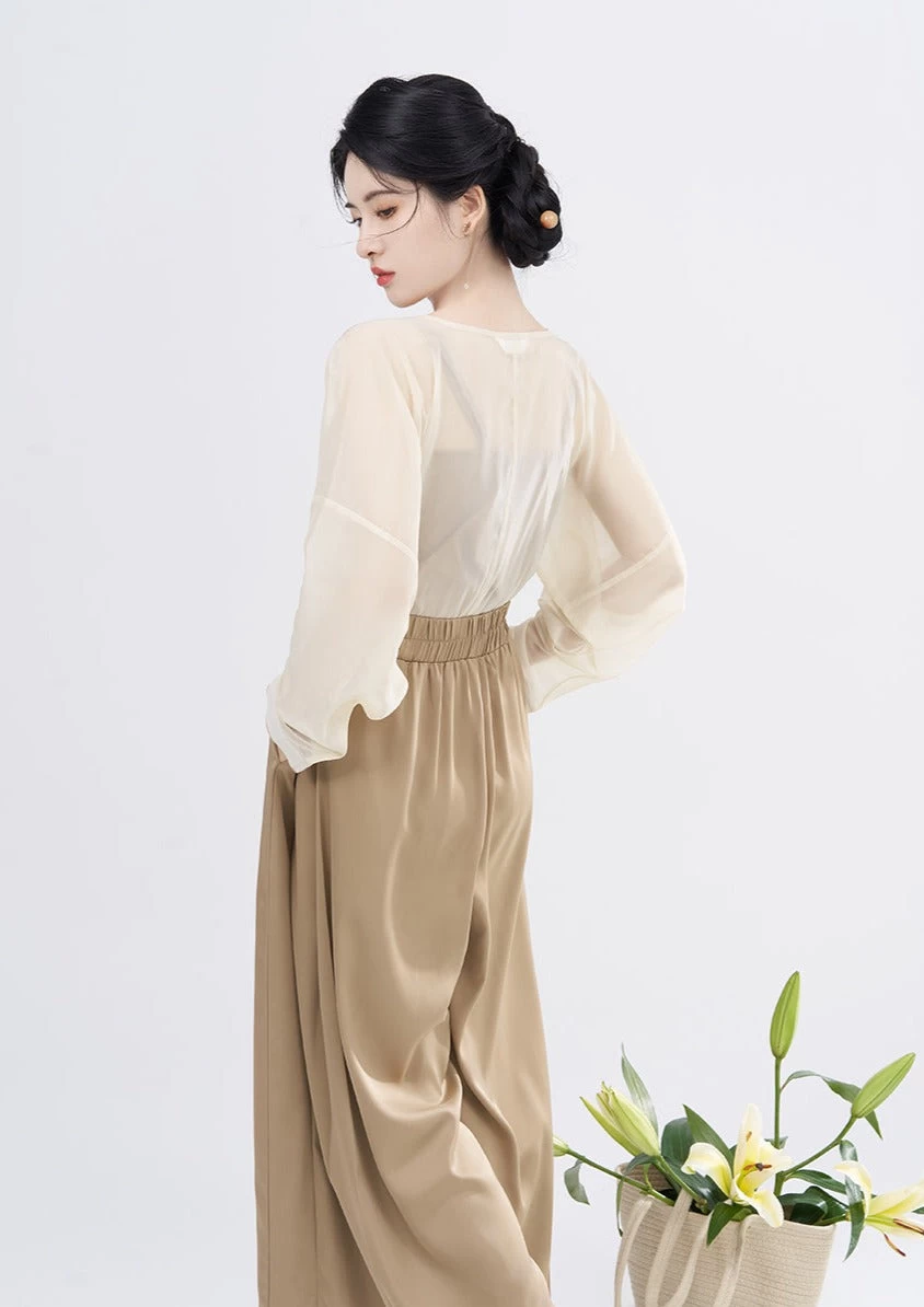 Women's Daily Hanfu Set Modern Beige Tie-Dye Tank+Blouse+Pants | HANFUBAO