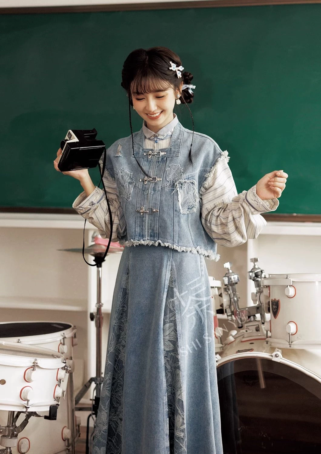 Women Denim Modern Hanfu 3-Piece Daily Set Indigo Blue | HANFUBAO