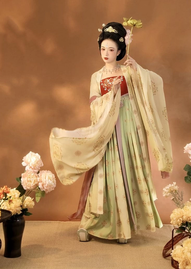 Women’s Modern Chiffon Daily Hanfu Set Tang Yellow Vintage Flower | HANFUBAO