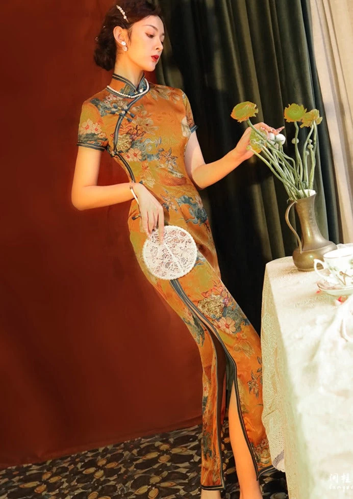 Women Modern Hanfu Gambiered Gauze Yellow Printed Qipao Dress | HANFUBAO