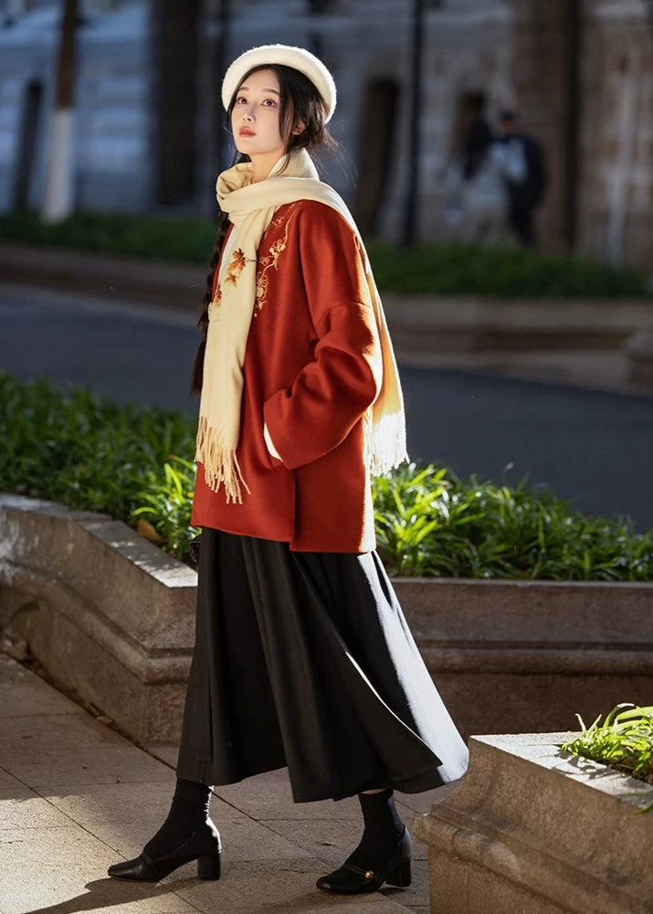 Women Modern Fleece Hanfu 3-Piece Set Plum Blossom Print | HANFUBAO