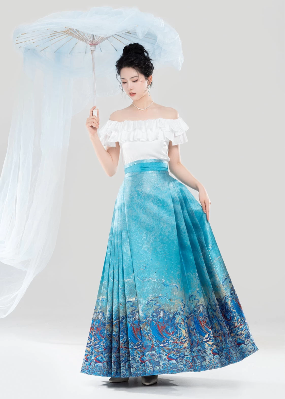 Women’s Modern Water-Themed 2-Piece Ma Mian Hanfu Skirt Set, Polyester| HANFUBAO