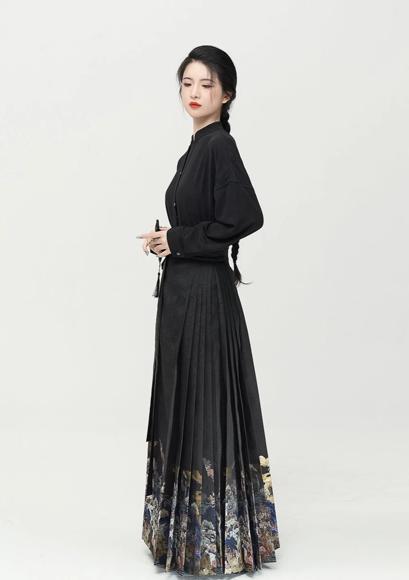 Women Modern Hanfu Blouse, Mother-of-Pearl Landscape Print | HANFUBAO