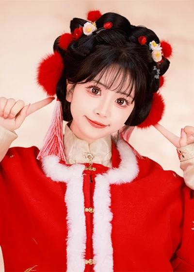 Women Fox Fur Hanfu Hair Pom Poms Snow White Set of 6 | HANFUBAO