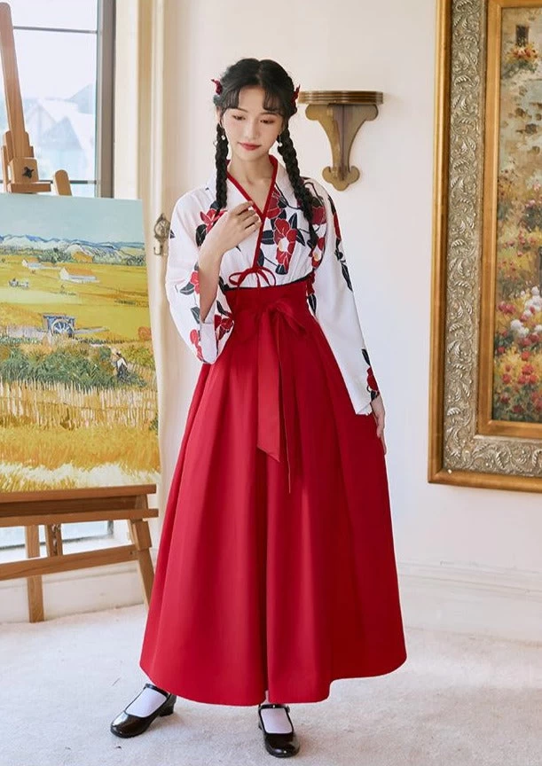 Women Modern Daily Hanfu Set Camellia Red/Black  Plus Size | HANFUBAO