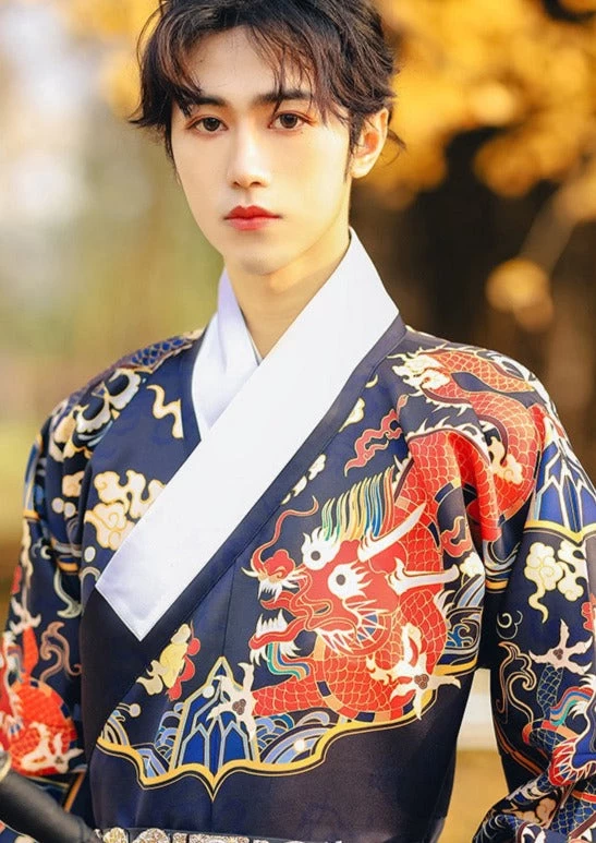 Men's Daily Hanfu Robe Set Navy Flying Fish Embroidery Plus Size | HANFUBAO