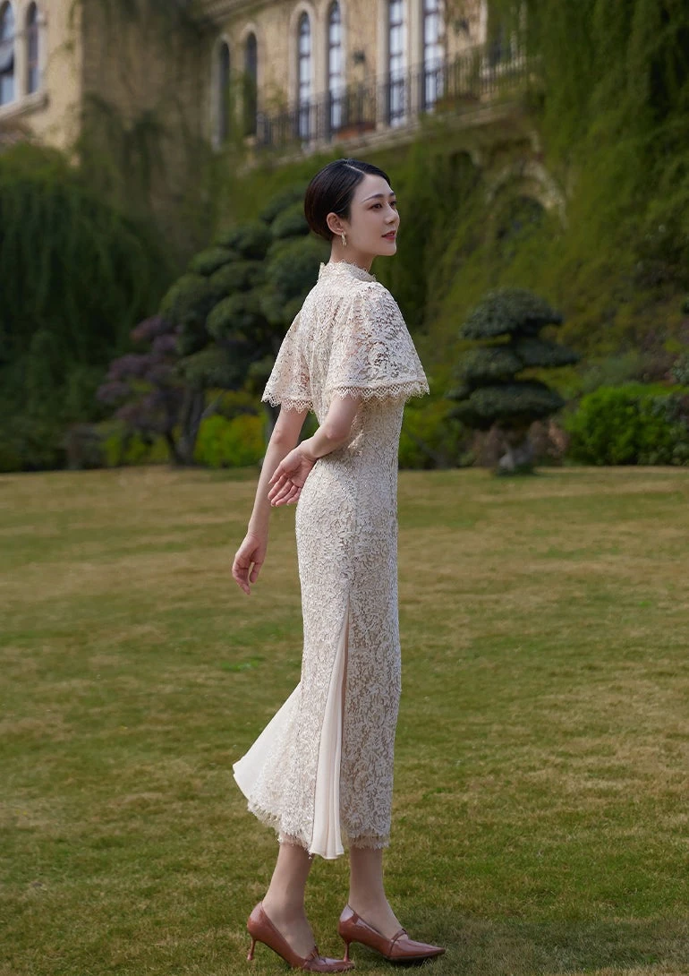 Women Lace Mandarin Collar Ivory Bridal Qipao Cheongsam Nylon Blend| HANFUBAO