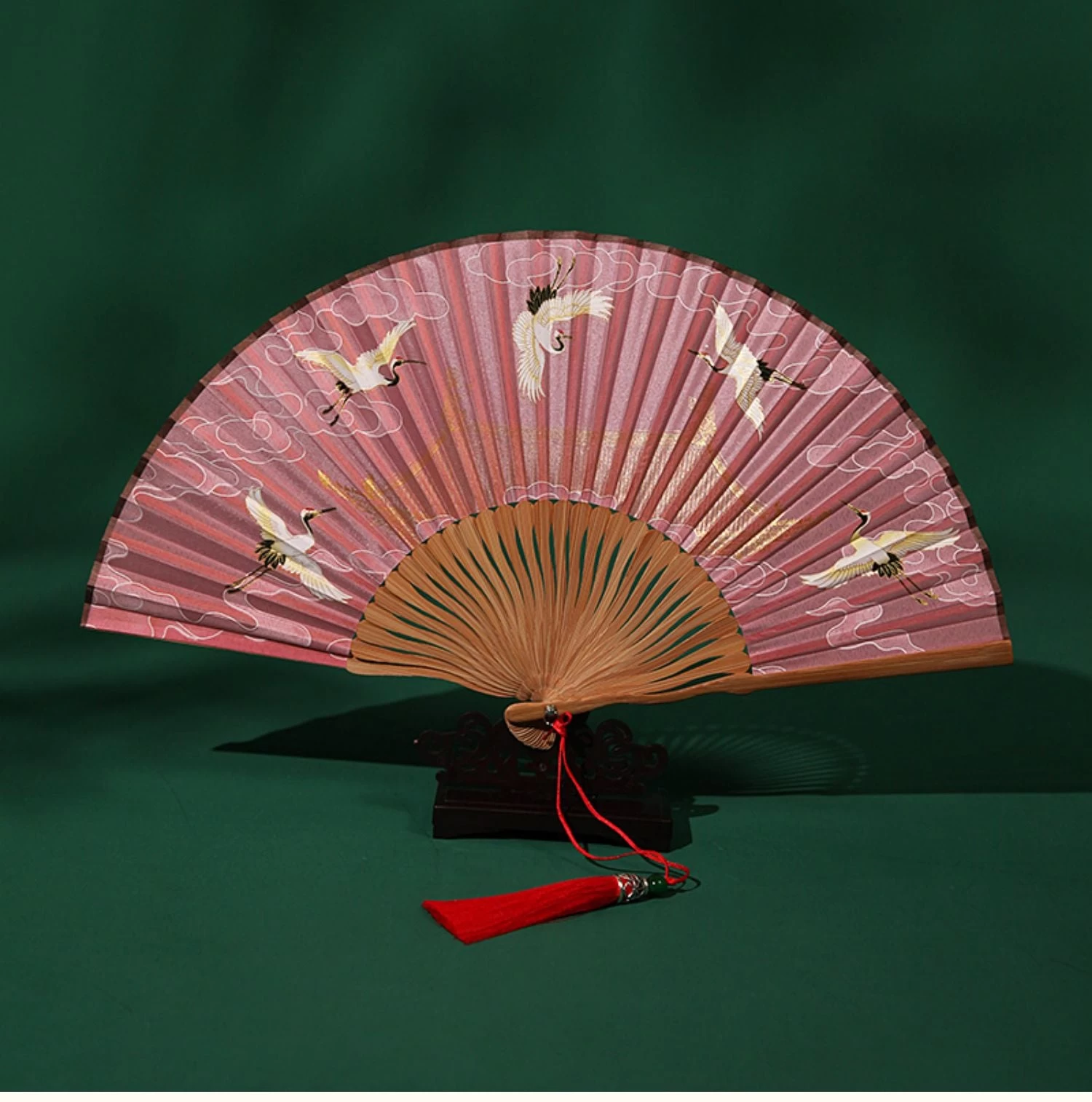 Flying Crane Folding Tassels Hand Fan,  Bamboo for Hanfu Cosplay | HANFUBAO