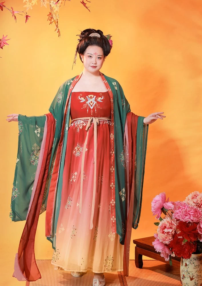 Women Chiffon Modern Plus Size Hanfu Set Green/Red Floral | HANFUBAO