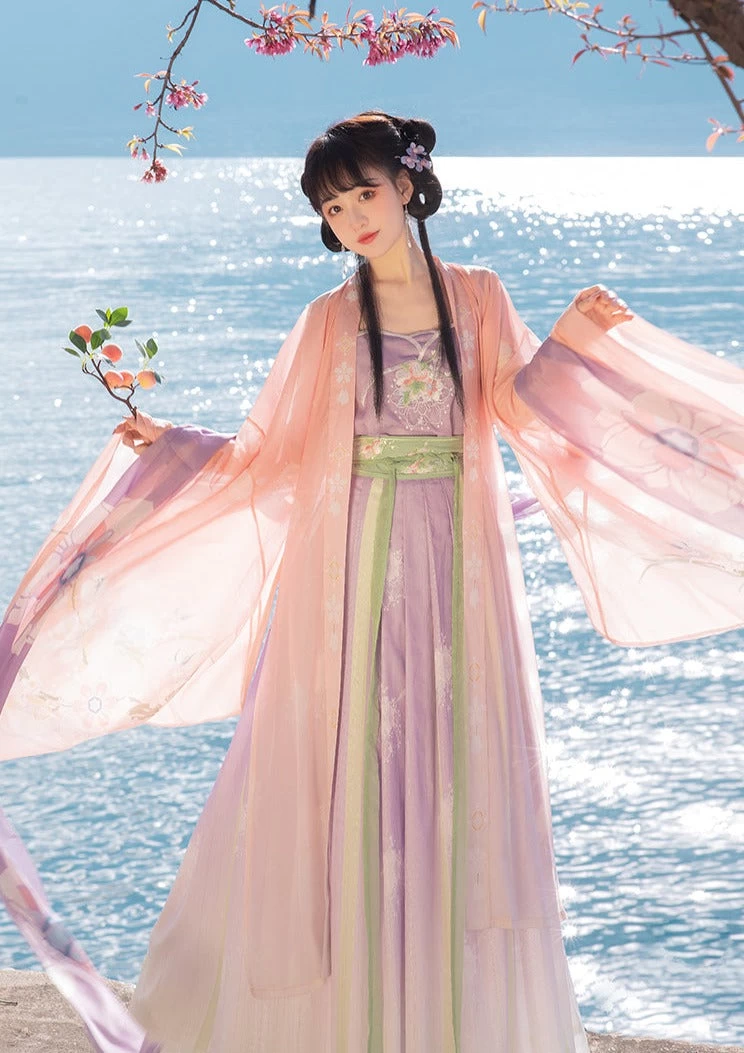 Women Modern Hanfu Chiffon Floral Embroidered Pink Dress Set | HANFUBAO
