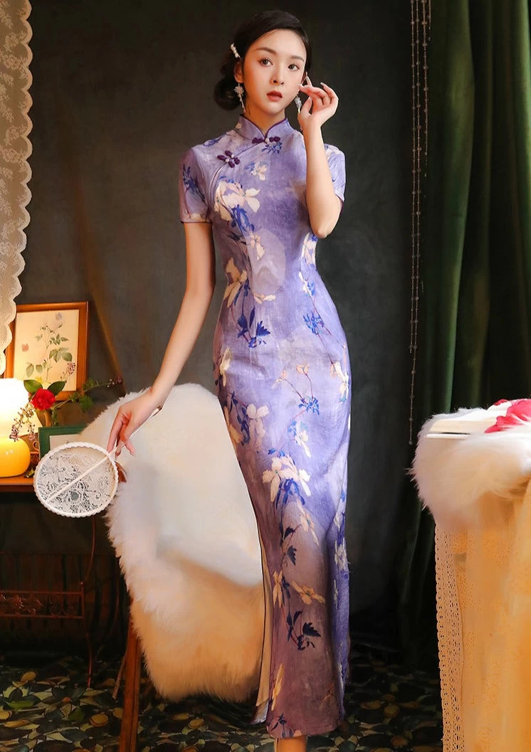 Women Modern Hanfu Linen Qipao Purple Magnolia Print | HANFUBAO