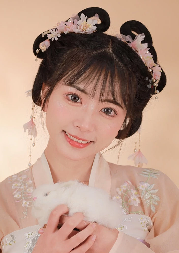 Women Hanfu Feather Flower Goddess Hairpins Pair Yarn Faux Pearls 9cm | HANFUBAO