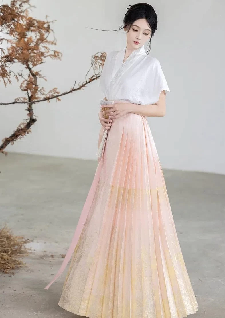 Women’s Modern 2-Piece Ma Mian Skirt Hanfu Set, Polyester-Cotton Blend | HANFUBAO