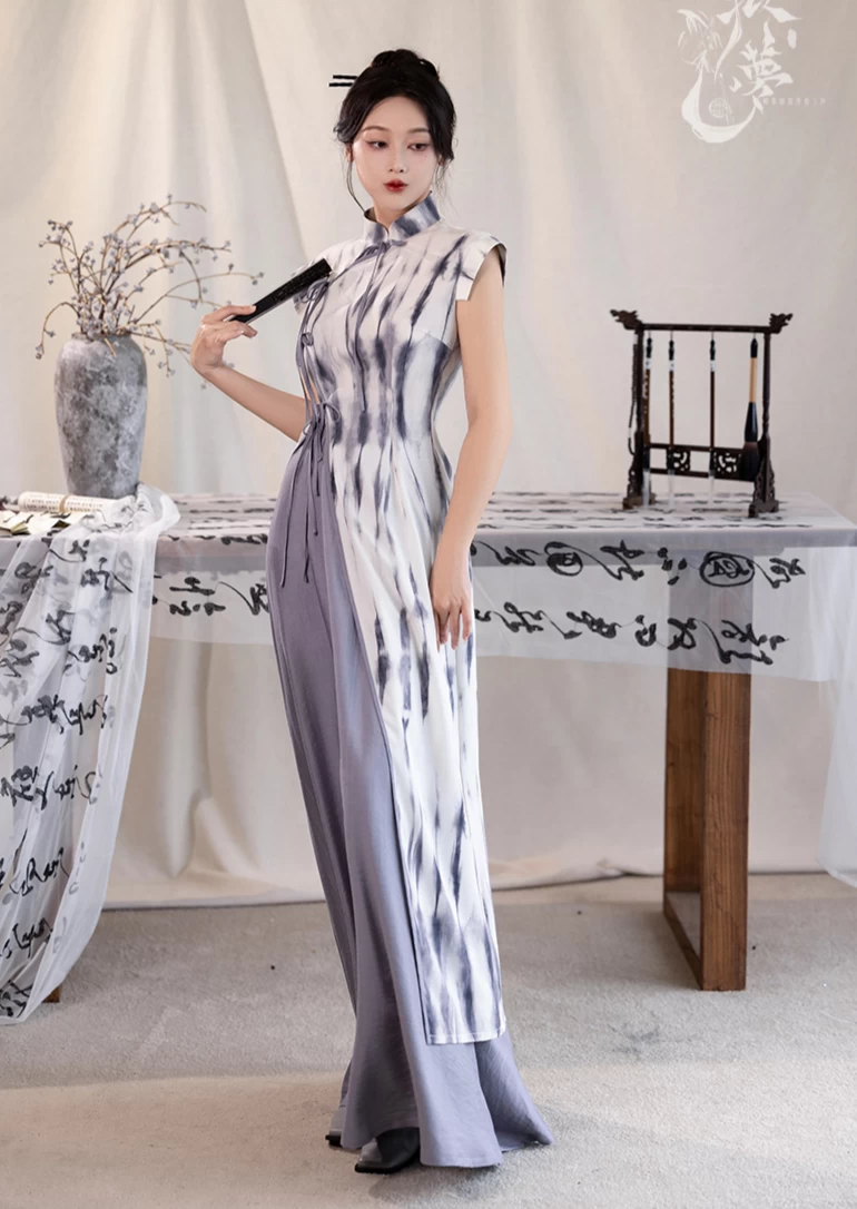 Women Modern 2-Piece Qipao Set Cloud Mist Print, Cotton Blend| HANFUBAO