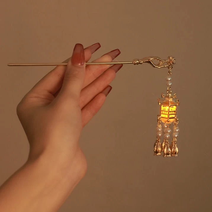 Women Pavilion Lantern Tassel Hairpin Gold Faux Pearl Metal| HANFUBAO