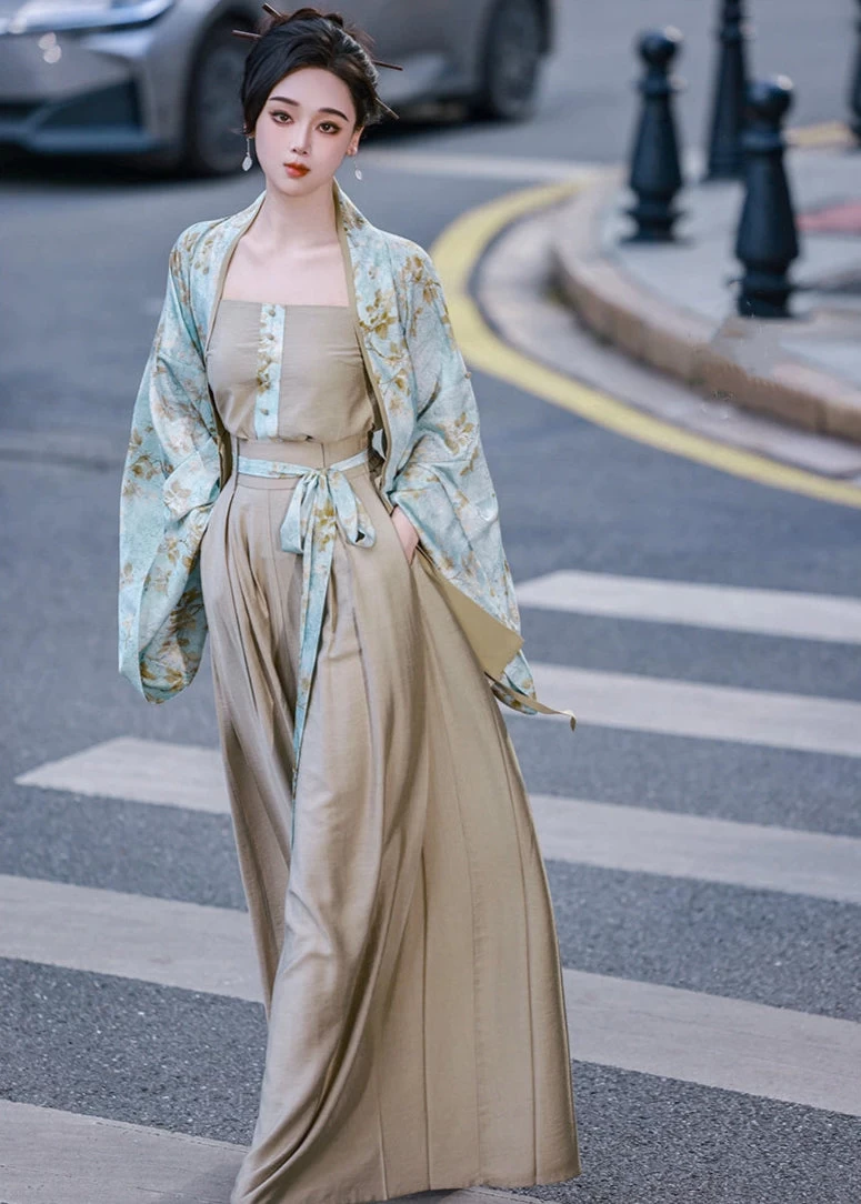 Women’s Daily Hanfu 3-Piece Pants Set Floral Cyan Linen-Rayon Blend | HANFUBAO