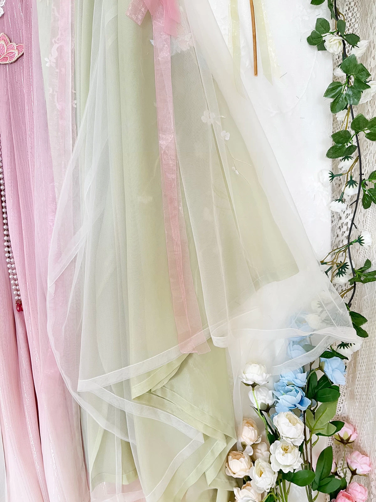 Women 5-Piece Pink Summer Hanfu Dress Set, Chiffon Scarf Daily Wear | HANFUBAO