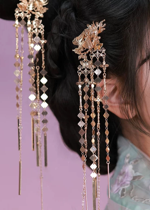 Women Flame Bird Tassel Hairpin Pair Gold Metal Hanfu Wedding Party | HANFUBAO