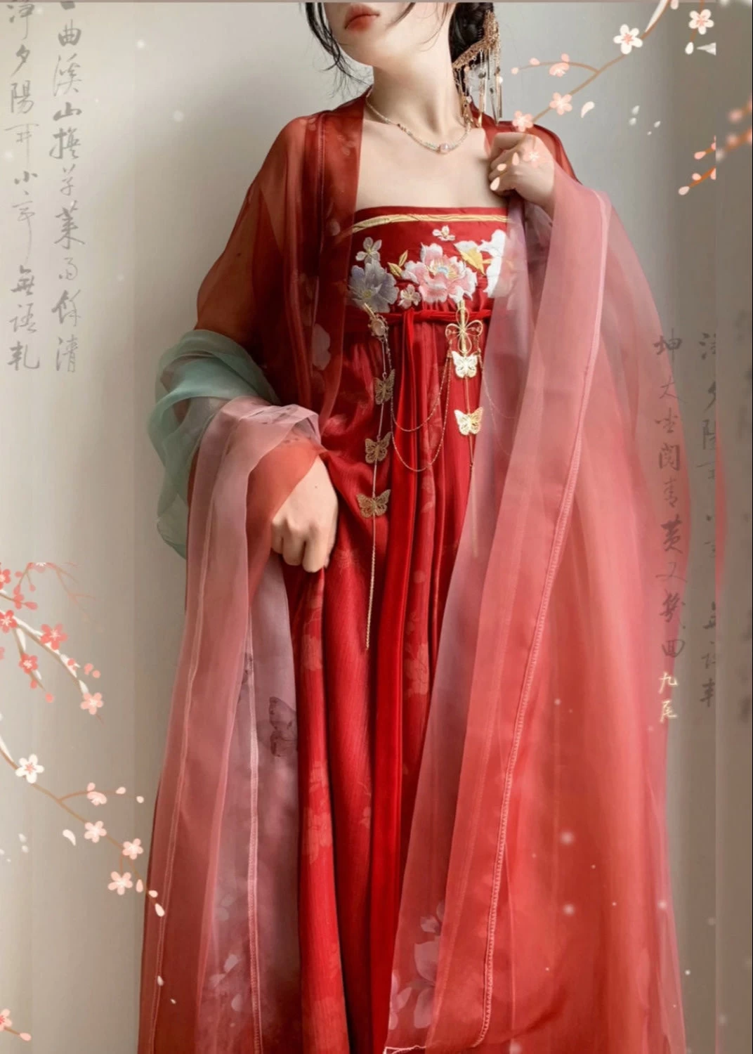 Women's Plus Size 3-Piece Chiffon Hanfu Dress Set Crimson Red| HANFUBAO