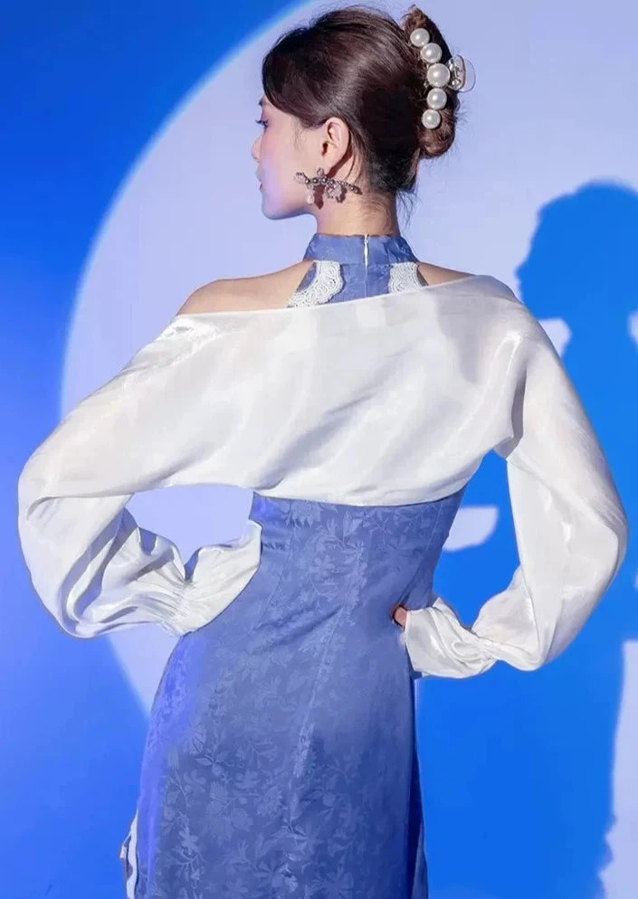 Women Blue Tears Qipao Dress  Daily Hanfu Elegant Party| HANFUBAO