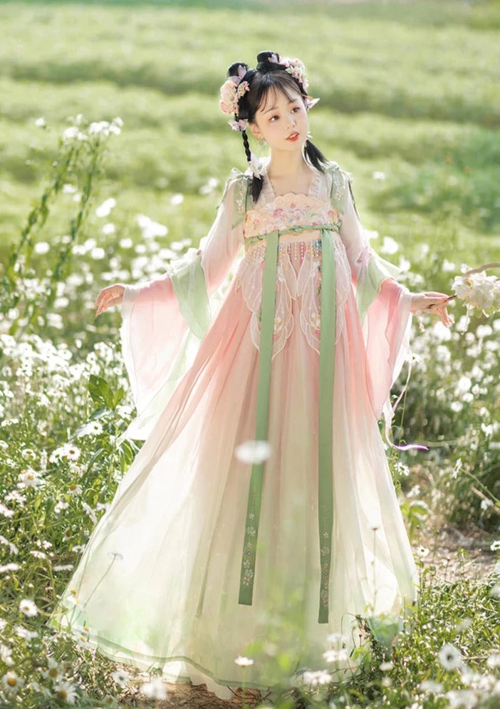 Women's Daily Hanfu 3-Piece Tang Pink Floral Embroidery Chiffon Set | HANFUBAO