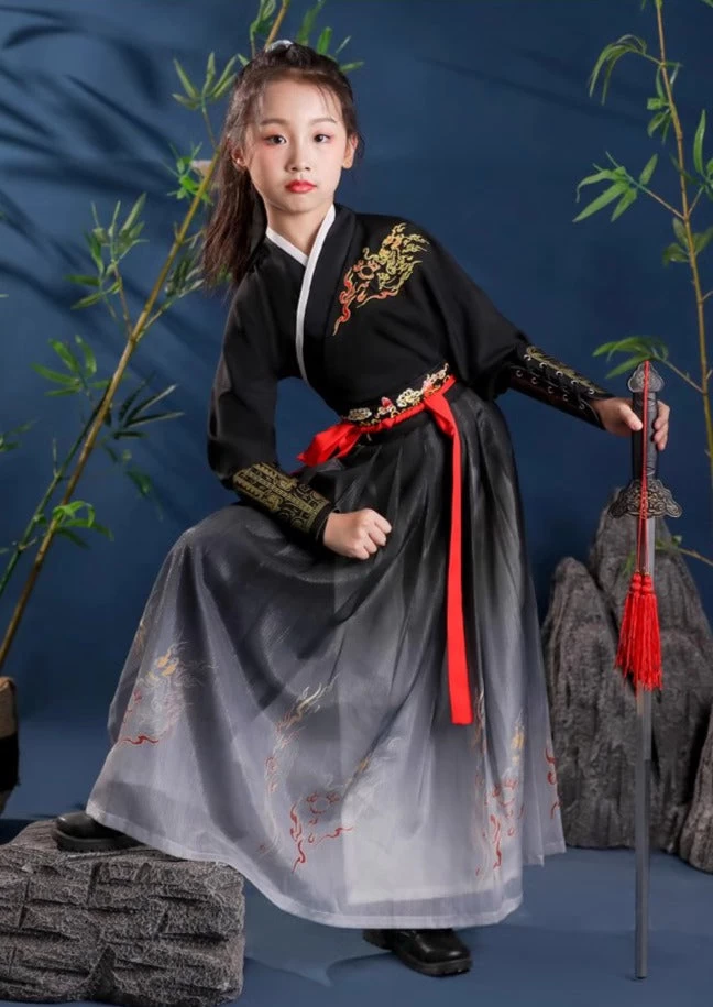 Kids 3-Piece Song Dynasty Hanfu Set Flame Embroidery for Festivals| HANFUBAO