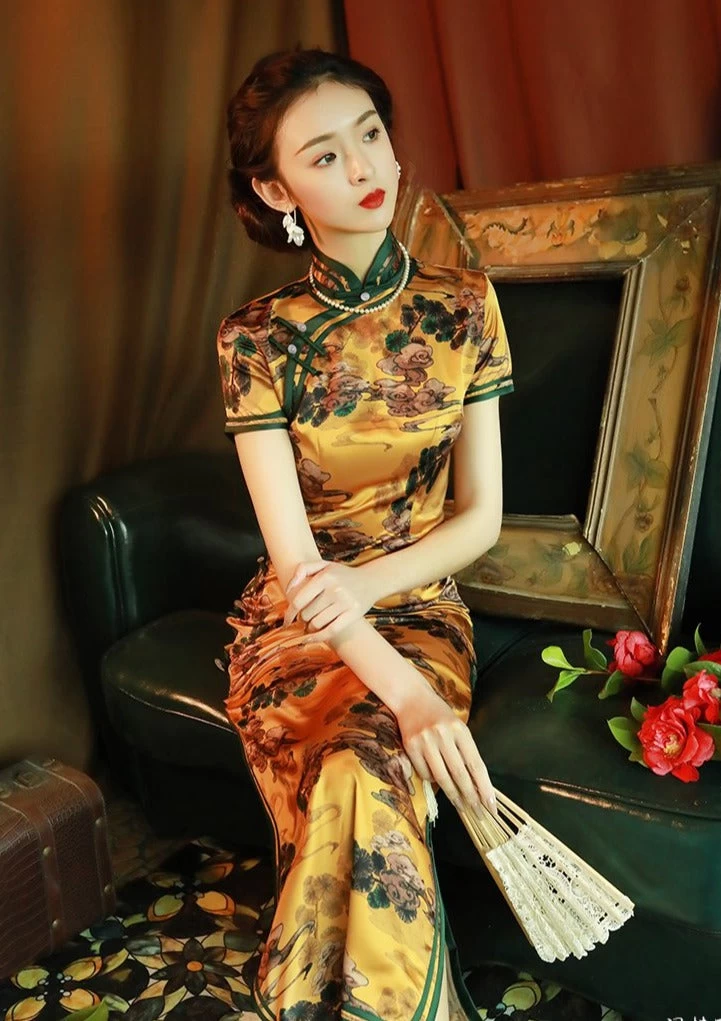 Women Cloud Satin Qipao Cheongsam Gold Cloud Print Daily Wear| HANFUBAO