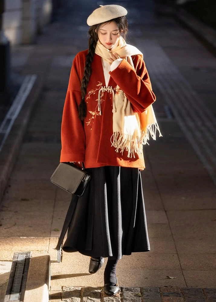 Women Modern Fleece Hanfu 3-Piece Set Plum Blossom Print | HANFUBAO