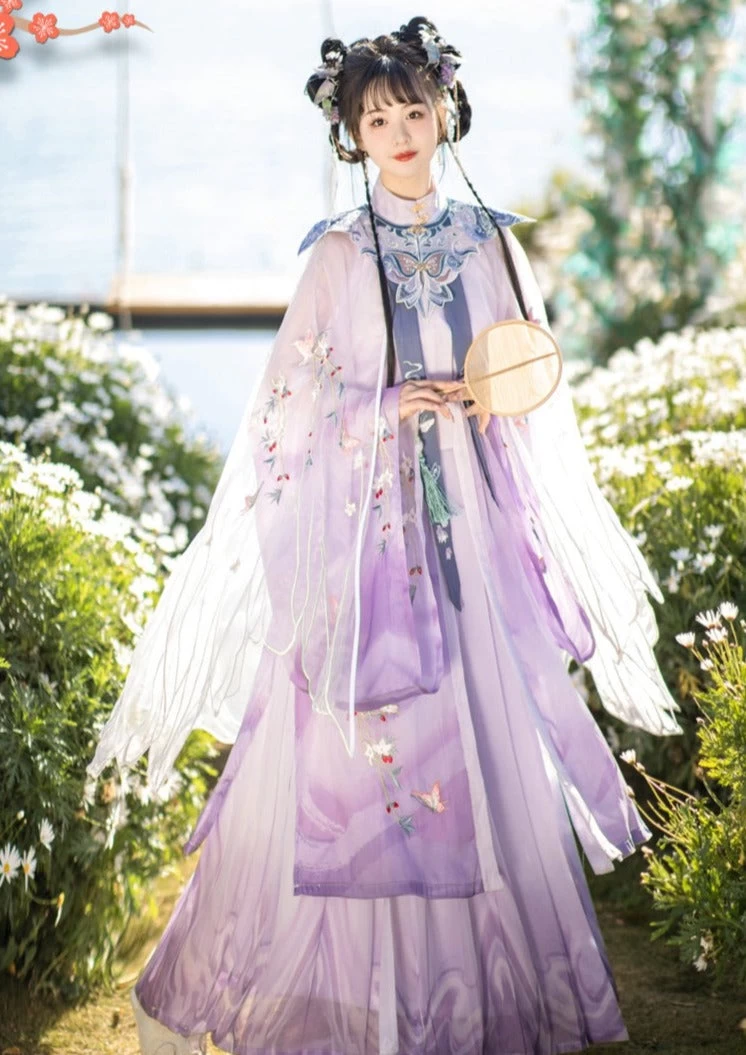 Women Modern Hanfu 5-Piece Set Purple Flower Embroidery | HANFUBAO