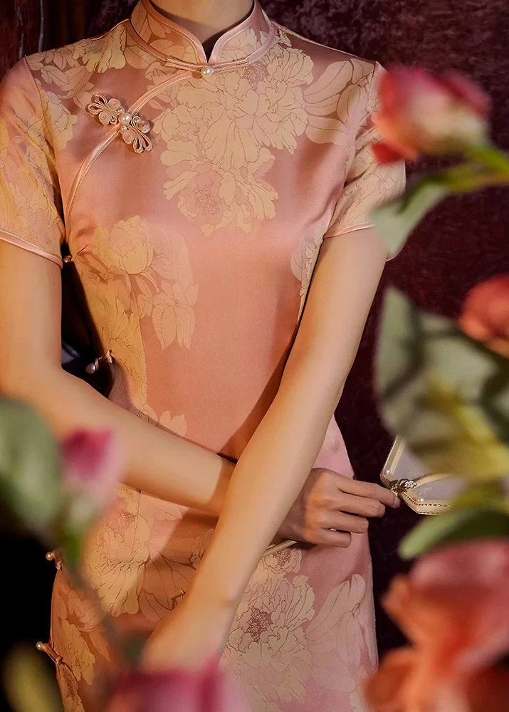 Women Satin Modern Hanfu Qipao Purple Peony Print | HANFUBAO