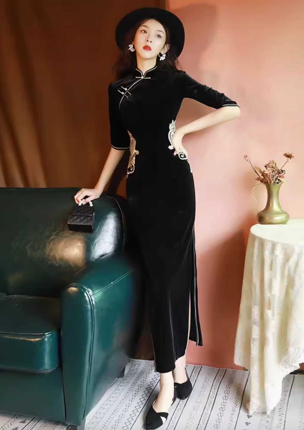 Women's Velvet Qipao Dress Burgundy High Slit| HANFUBAO