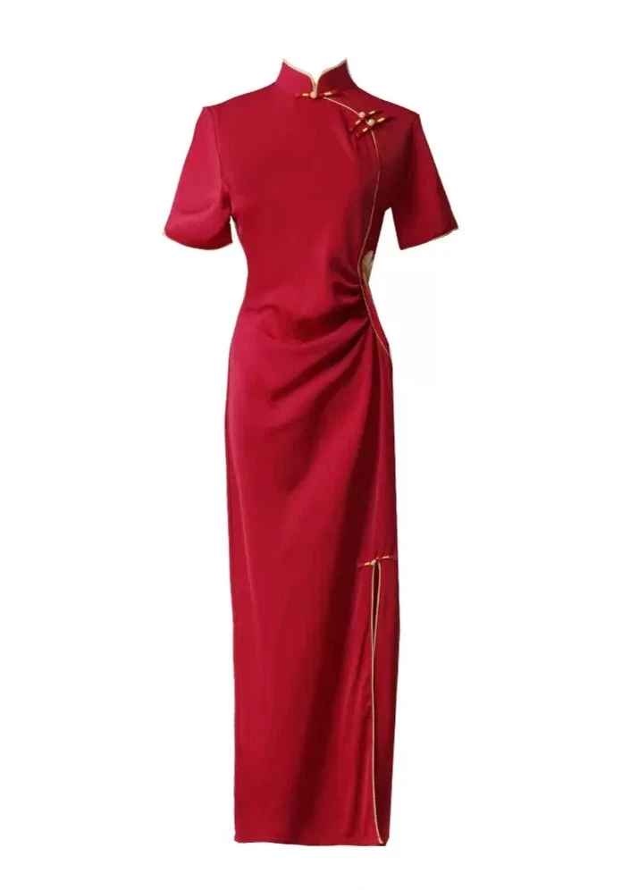 Women Acetate Satin Modern Hanfu Qipao Dress High Slit Red/3 Colors| HANFUBAO