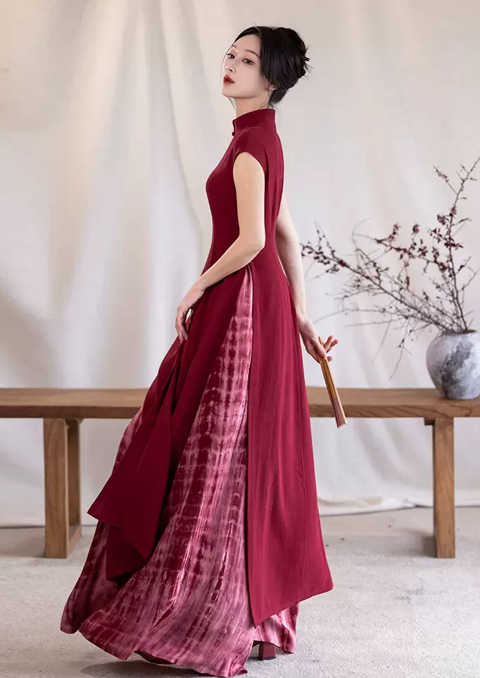 Women Modern Linen-Blend 2-Piece Qipao Dress Set Scarlet | HANFUBAO