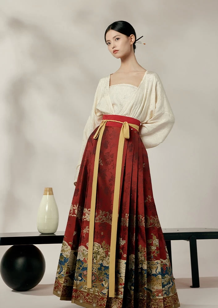 HANFUBAO | Women Cotton-Blend Hanfu Ma Mian Skirt 3pc Set Ivory/Red Brocade XS-XL