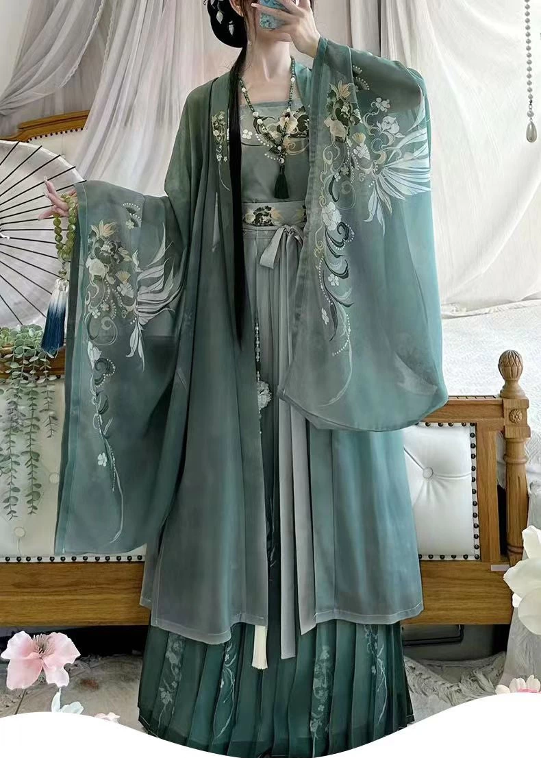 Women's Chiffon 3-Piece Daily Hanfu Set Jade Cloud Plus Size | HANFUBAO