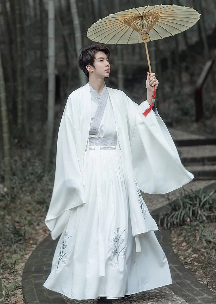 Men's Daily Hanfu Set Gray Orchid Embroidery Yarn  Plus Size | HANFUBAO