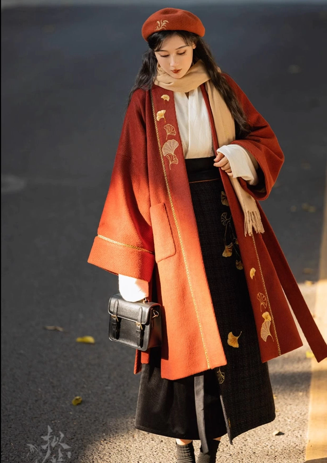 Women Modern Daily Hanfu 3pcs Fleece Blouse Skirt Coat Angora Blend| HANFUBAO