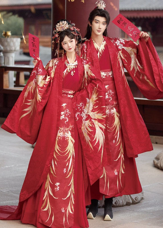 Women 3-Piece Wedding Hanfu Crane Feather Embroidered Red Plus Size| HANFUBAO